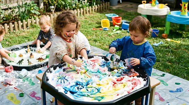 Toddlers enjoying outdoor sensory play with colorful foam and paint on a tuff tray in a garden.