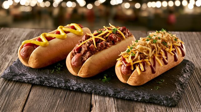 A warm, highly-detailed food photography close-up capturing three distinctly different, steaming hot dogs resting on a dark wire cooling rack