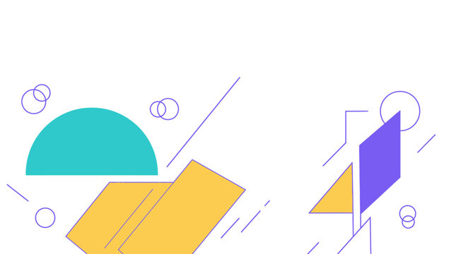 Abstract geometric shapes composition with teal semicircle and purple rhombus graphic element