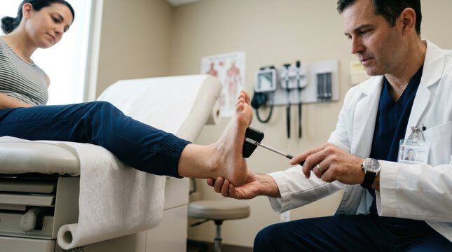 Doctor patient reflex examination clinic hammer leg foot medical neurologic doctor examining patient reflex with hammer on foot during calm clinical consultation in bright health care room