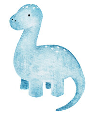 Watercolor blue sauropod dinosaur illustration with a friendly character design. Hand painted prehistoric artwork for nursery decor, educational materials, stickers, apparel and party stationery. © Evgeniia