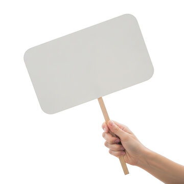 Hand holding a blank sign on a wooden stick isolated on transparent background