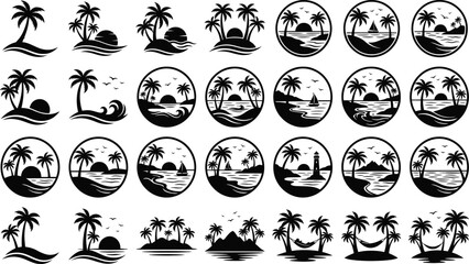 Tropical island beach sunset silhouettes in circles with palm trees and ocean waves © DESIGN SHOP