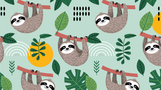 Seamless pattern design featuring cute sloths hanging on branches in a whimsical jungle style