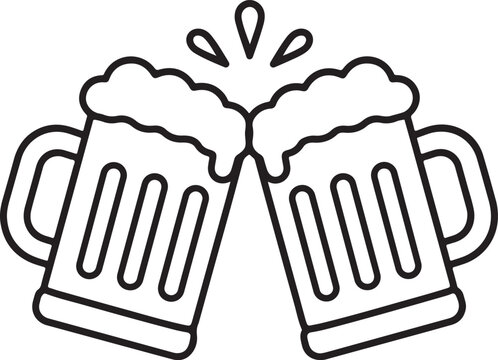 Two beer mugs clinking together black and white line art illustration glasses
