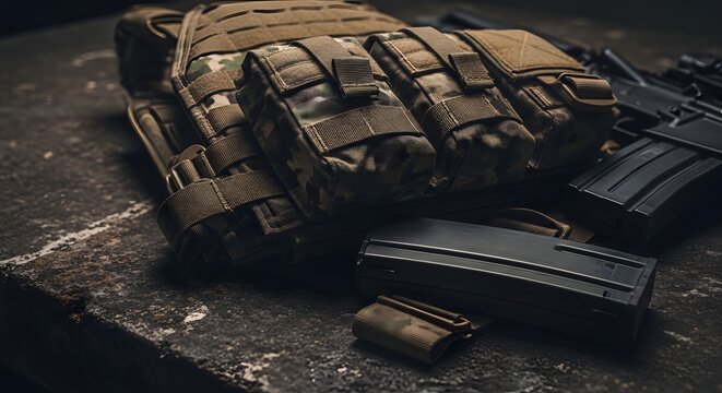 Military tactical plate carrier vest with ammunition pouches and rifle magazine on dark background