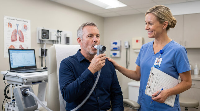 Man breathing test nurse clinic medical lung spirometry patient respiratory health healthcare exam with calm support in modern room