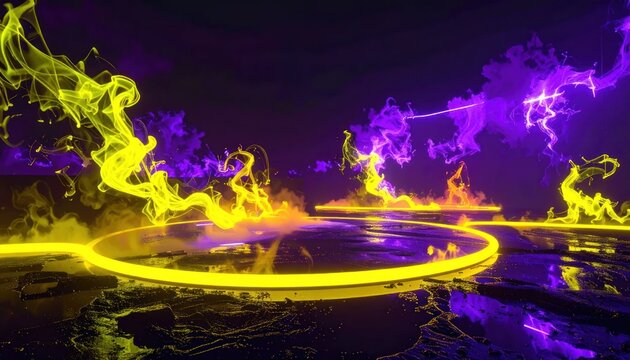 Abstract Neon Smoke Rings and Fire on Dark Reflective Surface.