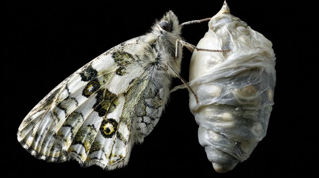 Recently emerged adult insect rests beside its pale, translucent pupal casing against a solid dark background.