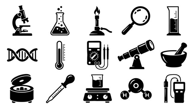 Science Icons: Microscope, Flask, Burner, DNA, Telescope, Mortar Pestle, Beaker