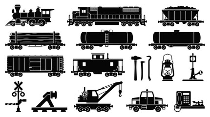 Obraz premium Black White Vector Icons of Train and Railway Transportation Objects