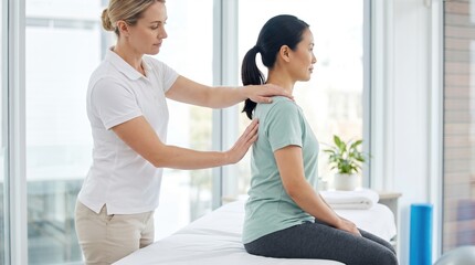 Fototapeta premium Female manual therapist providing shoulder treatment to a seated woman in a bright clinic with large windows and a calming interior design