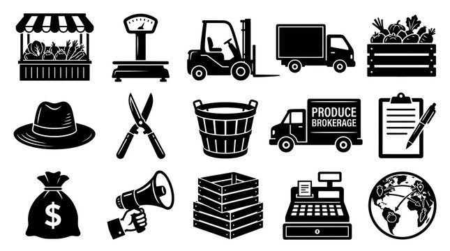 Produce Brokerage Icons: Farm, Truck, Scale, Cash Register, Global Trade, Glyph Art