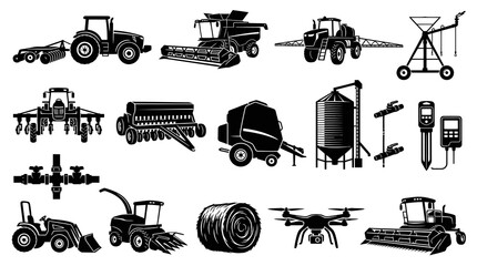 Obraz premium Black and White Icons of Modern Agricultural Machinery and Technology