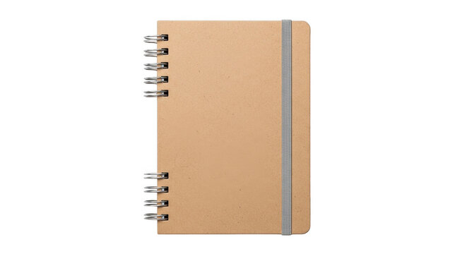 Brown kraft paper notebook with spiral binding and elastic isolated on transparent background