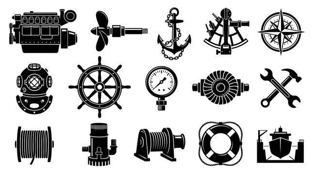 Nautical Marine Glyph Icons Set - Shipping Equipment, Maritime Tools  Sea Symbols in Black and White Vector