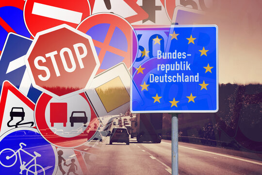 Schild Bundesrepublik Deutschland, eine Autobahn und Stra&szlig;enschilder als Symbol f&uuml;r die Regeln im deutschen Stra&szlig;enverkehr