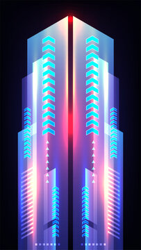 Futuristic technology abstract background with glowing blue and neon pink geometric pillars and upward arrows digital data progress vertical sci fi