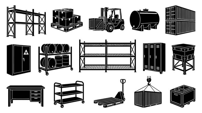 Warehouse and Logistics Icons: Forklift, Shelving, Containers, Pallets, and More