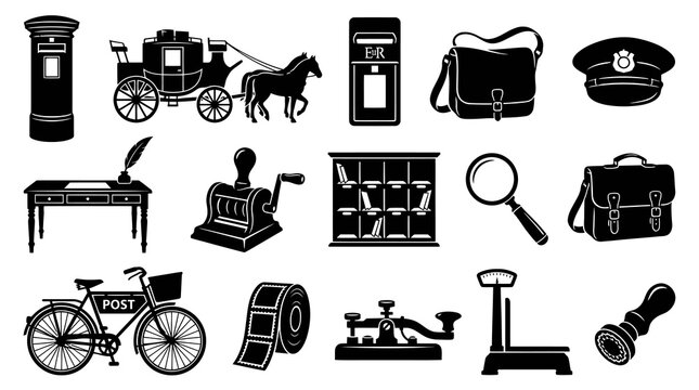 Vintage Postal Service Black and White Glyph Icon Set with Mail Delivery, Communication  Office Elements