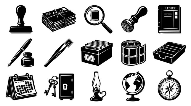 Black and White Vector Icons of Vintage Office Supplies and Tools