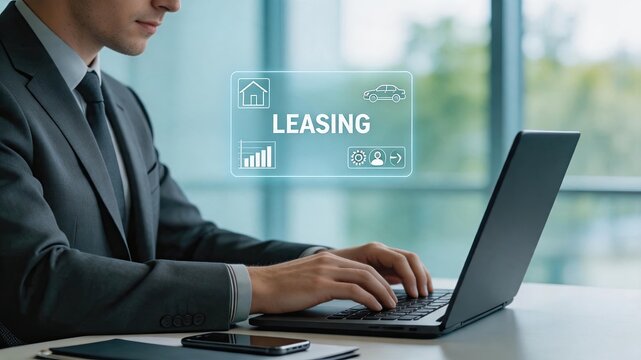 Professional businessman typing on laptop with leasing service hologram interface, real estate and car rental business concept