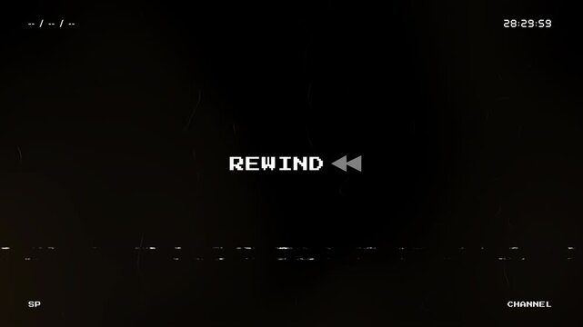 Vintage VHS rewind screen animation featuring pixelated white text and a countdown timer on a dark brown background with analog noise and glitch tracking effects for retro aesthetics