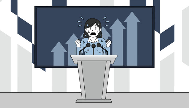 Nervous female speaker standing at a podium and sweating while delivering a presentation about business growth and success.