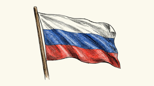 Hand-drawn sketch of the national flag of Russia waving on a wooden pole against a neutral background
