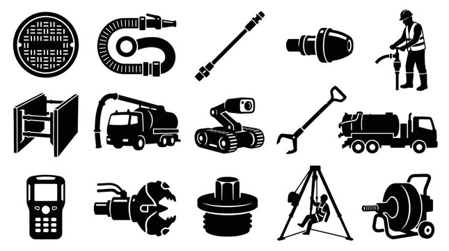 Sewer Maintenance Equipment Icons: Black and White Vector Icons Set