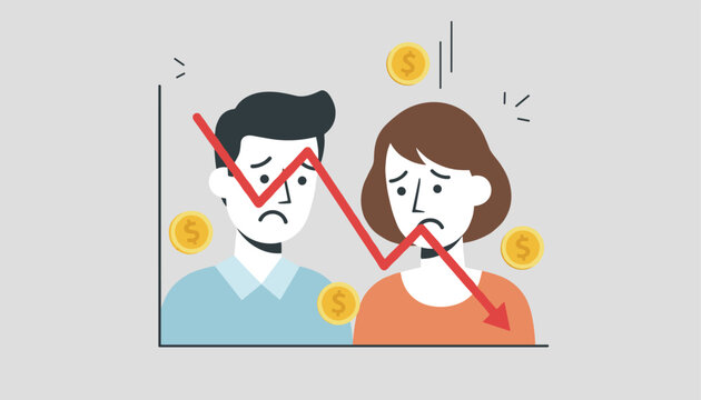 Sad couple looking at a descending red arrow on a financial graph representing economic crisis, loss, and inflation problems.