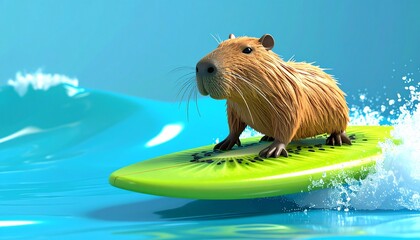Capybara riding a vibrant green fruit slice surfboard on turquoise ocean waves under bright sunny sky, playful wildlife adventure concept in tropic...