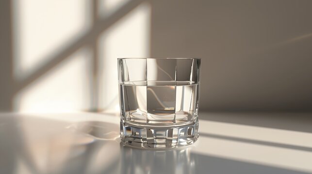 Refreshing Glass of Water with Sunlight and Geometric Shadows on Wall and Surface
