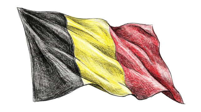 The Belgian flag waves high in the air with black, yellow, and red colors.