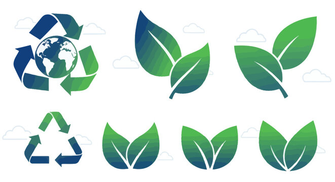 Eco-friendly recycling and nature symbols green globe, recycle logo, leaf icons