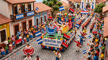 Vibrant Miniature Parade Scene with Festive Crowds, Float, and Nicaraguan Flags Celebrating 'LIBERATION DAY (NICARAGUA)'