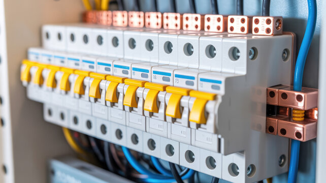 Electrical circuit breakers and wiring inside a distribution box close