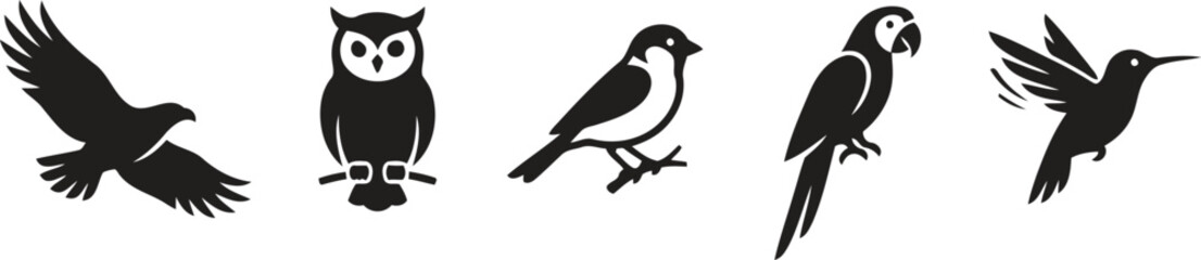 Obraz premium Set of bird silhouettes, including eagle, owl, sparrow, parrot, and hummingbird, vector illustrations for design and creative projects