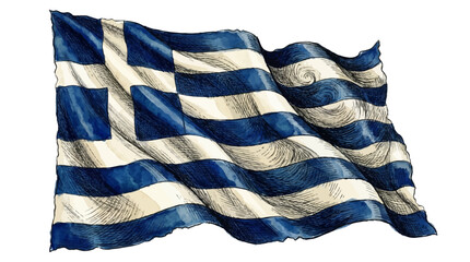 Obraz premium A waving blue and white striped flag with a blue square symbol flies high in the air outdoors.