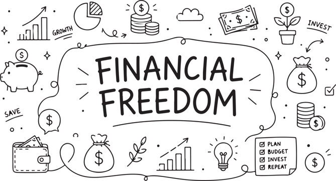 Financial freedom hand drawn doodle sketch with money and business growth icons