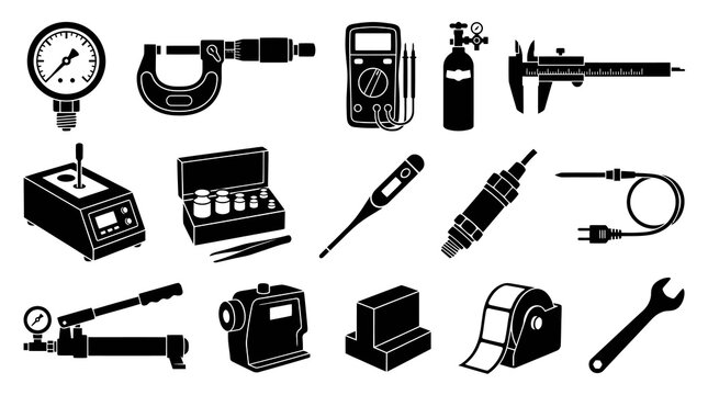Black  White Icons of Industrial Measurement and Tools, Scientific Equipment
