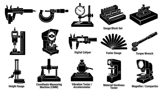 Black and White Icons of Engineering Measurement Tools