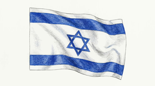 The Israeli flag waves freely outdoors with blue stripes and a star.