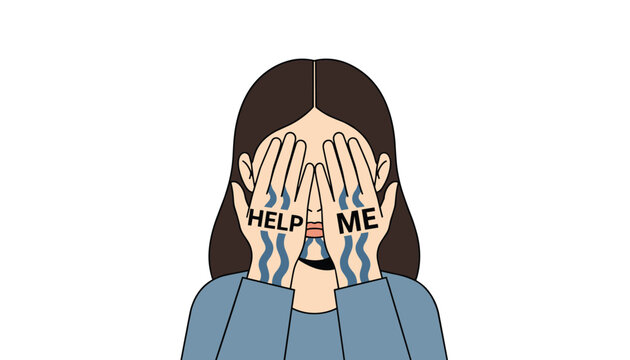 Desperate young woman covering her face with hands that have help me message written on them to show mental distress.