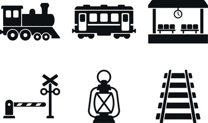 Set of train and railway icons, including steam locomotive, passenger carriage, station platform, crossing gate, lantern, and tracks © Top Stock