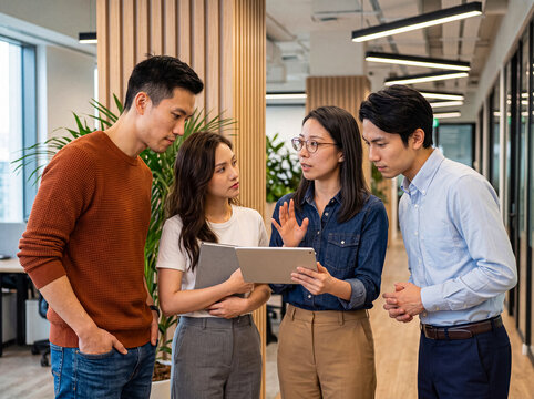 Engaged young Asian business team discussing project details with a tablet in a modern, bright office corridor.