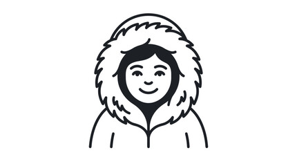 A simple black and white line art illustration of a person wearing a fur lined winter parka hood. © Dhii
