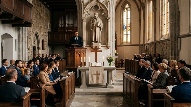Pastor preaching to a congregation in a traditional stone church