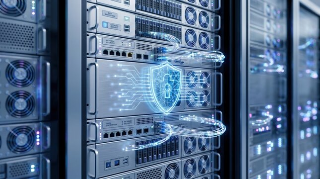 Secure server rack with glowing digital shield and data streams, symbolizing advanced cybersecurity protection for enterprise networks in modern data centers