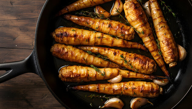 Roasted parsnips with garlic and thyme in skillet